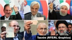 شش نامزد تأیید صلاحیت شده انتخابات ریاست جمهوری ۹۶؛ بالا از راست به چپ: حسن روحانی، مصطفی هاشمی‌طبا و اسحاق جهانگیری/ پایین از راست: ابراهیم رئیسی، مصطفی میرسلیم، محمدباقر قالیباف