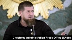 Ramzan Kadyrov chairs a meeting of Chechnya's emergency response committee for the prevention and control of coronavirus disease in Grozny on May 26.
