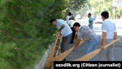 Сотрудники Управления государственного таможенного комитета по Ферганской области на принудительном субботнике, май 2018 года.