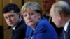 Președintele Ucrainei, Volodimir Zelenski, cancelara Germaniei, Angela Merkel, și președintele Rusiei, Vladimir Putin