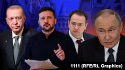 Түркиянын президенти Эрдоган, Украинанын лидери Зеленский, Орусиянын президенти Путин жана анын жардамчысы Мединский (коллаж сүрөт)