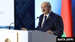 Aljakszandr Lukasenka felszólal az „Összbelarusz Népi Közgyűlés”-en, Minszkben, 2021. február 11-én. 