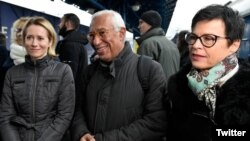 Зліва направо: Антоніу Кошта, верховна представниця ЄС із закордонних справ Кая Каллас та єврокомісарка з питань розширення Марта Кос відвідали Україну 1 грудня