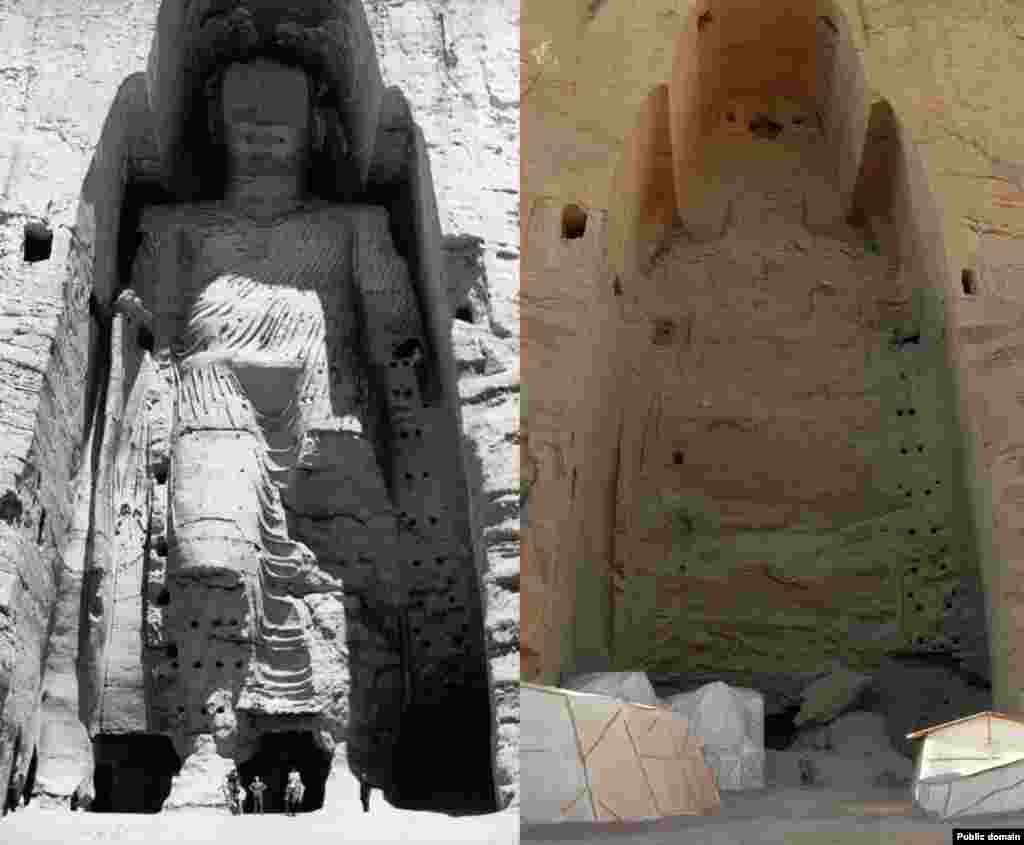 Fotografiile (înainte și după) a unui Buddha gigantic, sculptat în stâncile provinciei Bamiyan din Afganistan. Talibanii au distrus monumentul cu explozibili în 2001. Monumentul lui Buddha data din secolul VI. Un ministru al talibanilor a declarat: &bdquo;Distrugem statuile în conformitate cu legea islamică și este o chestiune strict religioasă&rdquo;.