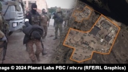Kolažna fotografija sa satelitskim snimkom zemljišta u Beloruskom mestu Narovlja gde je bio ruski "filtracioni" logor, 
