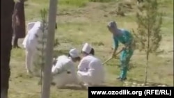 Врачи и медсестры Чиназского районного медобъединения занимаются уборкой территории больницы, 18 мая 2019 года. 