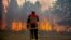 Un pompier din Franța privește la o pădure în flăcări. Franța este una dintre cele mai afectate țări de incendiile de vegetație din ultimele zile. 