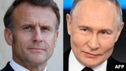 Франция президенті Эммануэль Макрон (сол жақта) мен Ресей президенті Владимир Путиннің фотоларынан коллаж