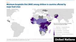 Minél lilábban jelölt az adott ország, arányaiban annál kevesebb 6-23 hónapos kisgyerek jut hozzá a minimálisan szükséges táplálékmennyiséghez. A legsötétebb lila jelölésnél ez azt jelenti, hogy tízből legalább kilenc gyerek nem jut hozzá ehhez a mennyiséghez