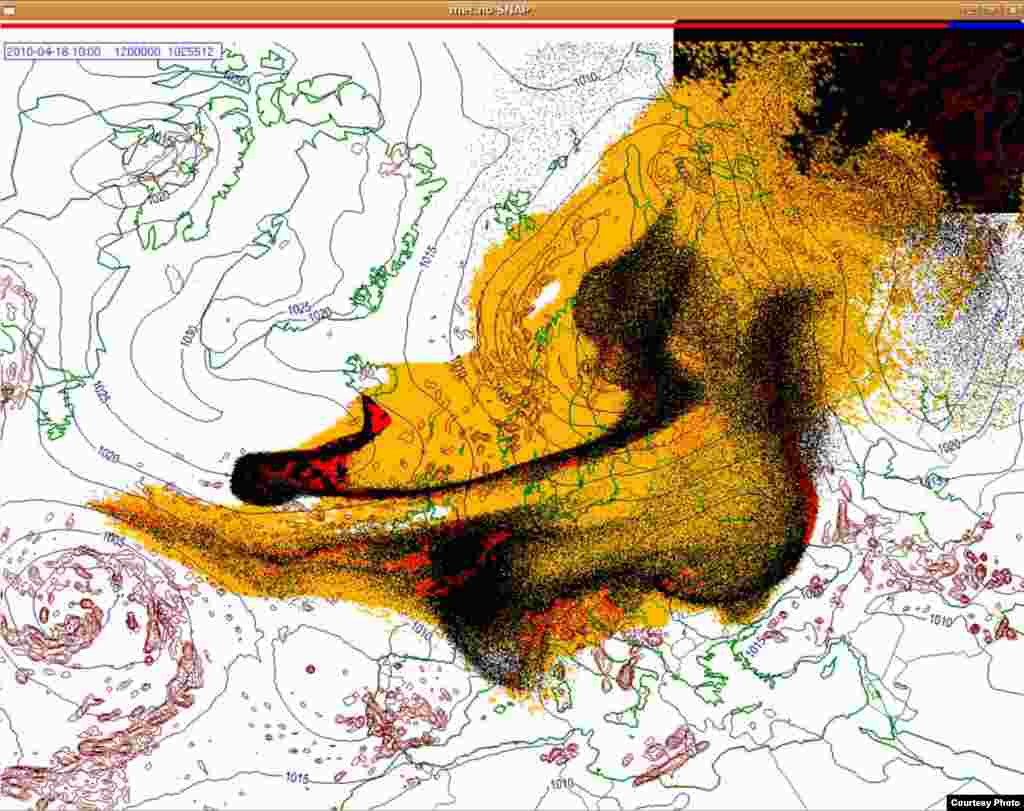 Прогноз перемещения вулканического облака от извержения вулкана в Исландии (18 апреля, 1000 UTC) - Эти изображения показывают прогнозируемое перемещение облака пепла над Европой. Цвета на карте: Желтый - упавший пепел Красный - пепел, упавший под воздействием осадков Черный - облако вулканического пепла Источник: Норвежский метеоинститут