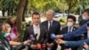 Montenegro -- Montenegrin politicians addressing the media Zdravko Krivokapic (C), Aleksa Becic (L) and Dritan Abazovic (R) in front of the Parliament of Montenegro, in Podgorica, October 8, 2020.