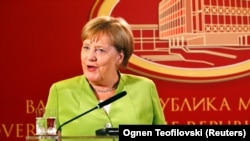 Cancelarul Angela Merkel în cursul vizitei la Skopje în MAcedonia, septembrie 2018