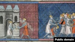 Ludovic al VII-lea la zidurile Damasculului și împăratul Conrad al III-lea al Germaniei luptând în Cruciada a doua