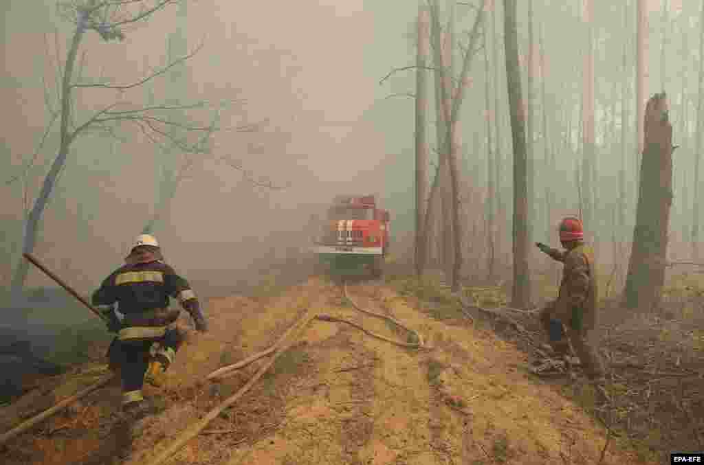Українські пожежники біля села Рахівка. Понад 400 пожежників боролися з вогнем у зоні відчуження протягом десяти днів.&nbsp;