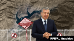 Иллюстрация к расследованию Озодлика о курорте, изображающая президента Узбекистана Шавката Мирзияева.