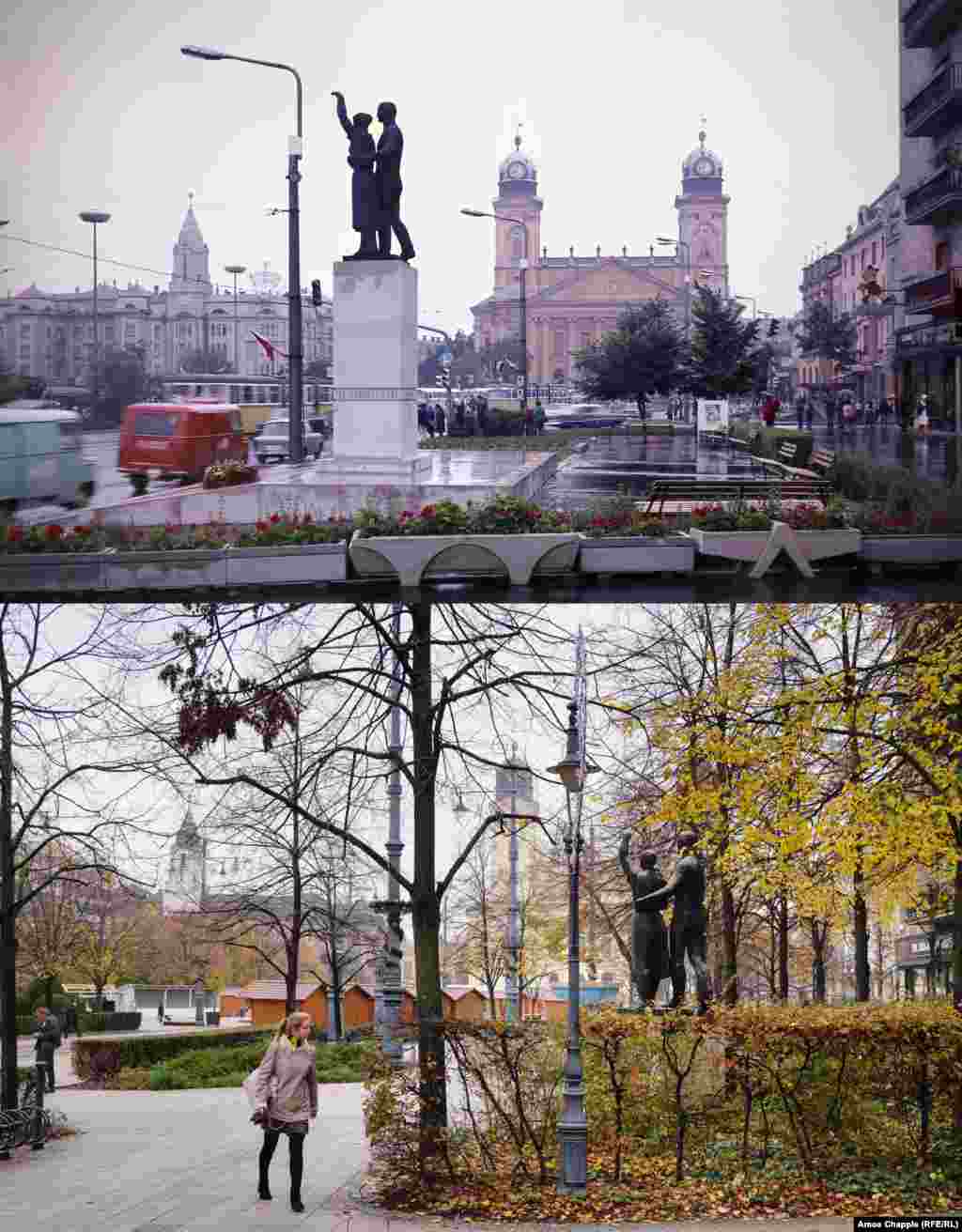 Debrecen, 1972-2019 Memorial dedicat soldaților sovietici, care se înălța altădată în centrul orașului Debrecen (sus). Monumentul reprezenta inițial o tânără familie, care salută intrarea armatei sovietice în Ungaria în timpul celui de-al Doilea Război Mondial și o placă memorială cu numele soldaților decedați în lupte. În 1993, monumentul (în dreapta, poza din 2019) a fost mutat cu câțiva metri înapoi de la locul său inițial, piedestalul înalt și numele soldaților Armatei Roșii fiind eliminate. Foto: Fortepan/ Inkey Tibor, 1972