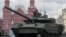 A T-80BVM tank moves during a rehearsal for the Victory Day military parade on Red Square in Moscow in May 2021.