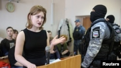 Activist Darya Kozyreva delivers a speech during a court hearing in Saint Petersburg on April 18. 