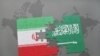 puzzle with the national flag of Iran and Saudi Arabia on a world map background. 3D illustration