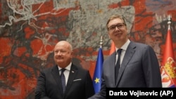 Президент Сербії Александар Вучич (п) і канцлер Австрії Крістіан Штокер, Белград, 13 серпня 2025 року