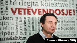 Member of the Kosovo Parliament and Opposition Leader Albin Kurti speaks during an interview in Pristina