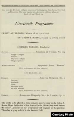 Pagină din programul concertului dirijat de Enescu la Boston la 18 martie 1938