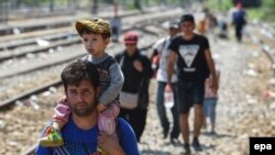 Македонияда жөө-жалаңдап келе жаткан мигранттар. 4-август, 2015-жыл.