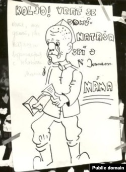 Эненин каты: "Коля, үйгө кайтчы. Наташа Иван менен жүрөт. Апаң". (Советтик жоокерлерди үйүнө кайтууга чакырган чех карикатура-плакаты). 1968-жыл.