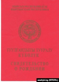 Кыргызстандагы "Туулгандыгы тууралуу күбөлүктүн" мукабасы. 2015.