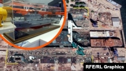 Макет універсального десантного корабля проєкту 23900 та супутниковий знімок заводу «Залив» в анексованій РФ Керчі, де будується один із УДК. Колаж