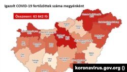 Az igazolt fertőzöttek száma megyei bontásban Magyarországon 2020. október 27-én.