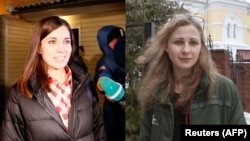 Marija Aljohina i Nadežda Tolokonjikova po izlasku iz zatvora, 23. decembar 2013.