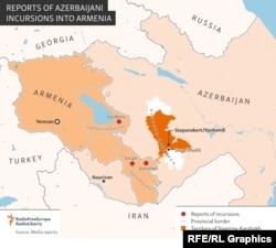 Hartă a incursiunilor Azerbaijanului în Armenia.