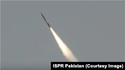 An image released by the Pakistan military showing a missile test. Islamabad said on May 3 that it had conducted a "successful" training launch of a surface-to-surface missile with a range of 450 kilometers. 