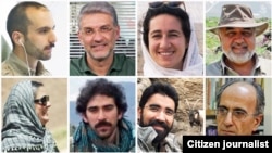 All of the activists are members of the Persian Wildlife Heritage Foundation. Clockwise from top left: Sam Rajabi, Houman Jokar, Niloufar Bayani, Morad Tahbaz, Kavous Seyed-Emami, Taher Ghadirian, Amirhossein Khaleghi, and Sepideh Kashani (not pictured Adbolreza Kouhpayeh)