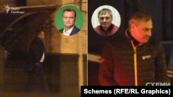 На кадрах «Схем» видно, як депутат Юрій Арістов (ліворуч) і бізнесмен Олександр Бойко (праворуч) разом спускаються з третього поверху ресторану та з різницею у кілька секунд залишають заклад, закритий для пересічних відвідувачів на карантин