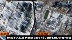 Порівняльний колаж. Зліва – супутниковий знімок пустиря на території колишнього військового містечка в північно-західній частині Осиповичів, справа – супутниковий знімок того ж місця, але з нещодавно збудованими багатоповерховими будинками і школою зі стадіоном