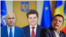 Președintele României, Nicușor Dan (centru), Președintele interimar al PSD Sorin Grindeanu (dreapta), președintele interimar al PNL Ilie Bolojan (stânga) - colaj