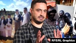 Колаж. Сулейман Мамутов. Ліворуч – караїми в національному вбранні, праворуч – представники ФСБ Росії