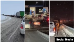 Ала-Белдеги (солдогусу), Суусамырдагы (ортоңкусу) жана Төө-Ашуудагы (оңдогусу) тыгындар. Видеолордон алынган скриншоттор.