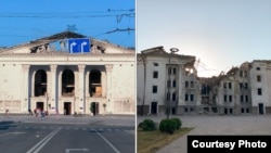 16 березня 2022 року російські війська скинули бомби на Донецький драматичний театр у Маріуполі – місце, де ховалися сотні мирних жителів. Внаслідок атаки будівлю театру було зруйновано. Фото зроблені у травні 2022 року