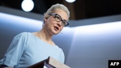 Yulia Navalnaya, widow of late Russian opposition leader Aleksei Navalny, speaks after receiving the Media Freedom Prize at the Ludwig Erhard Summit in Gmund, Germany, on April 19.