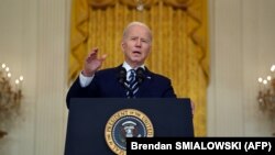 US President Joe Biden addresses the Russian invasion of Ukraine, from the East Room of the White House on February 24, 2022, in Washington, DC.