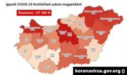 Az igazolt COVID-fertőzöttek száma megyei bontásban Magyarországon 2020. november 16-án.