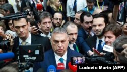 Orbán Viktor nyilatkozik az Európai Tanács ülése után 2020. február 21-én Brüsszelben, ahol az Európai Unió következő, hosszú távú költségvetéséről tárgyaltak.