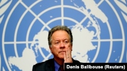 David Beasley, a Világélelmezési Program igazgatója, egy ENSZ-sajtótájékoztatón Genfben, 2018. december 4-én
