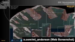 Взаємне розташування Військової гавані, причалу Прикордонної служби ФСБ РФ і комерційних причалів у Новоросійському порту. Скріншот зі сторінки @MT_Anderson у соцмережі Х