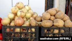 Turkmenistan. In Gagarin street  bereketli bazaar fruits and vegetables. potato, onion