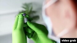 Një punonjës shëndetësor mban në duar dozën e vaksinës së Pfizerit. 