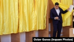Romanian far-right presidential candidate George Simion at a polling station where he cast his ballot in an election on May 4, 2025.